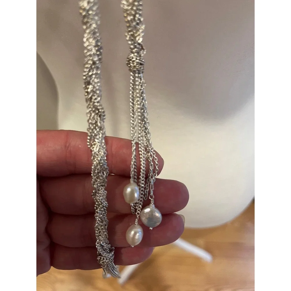 Stella and Dot Silver Braided Mesh‎ Lariat Necklace with Freshwater Pearl Tassel